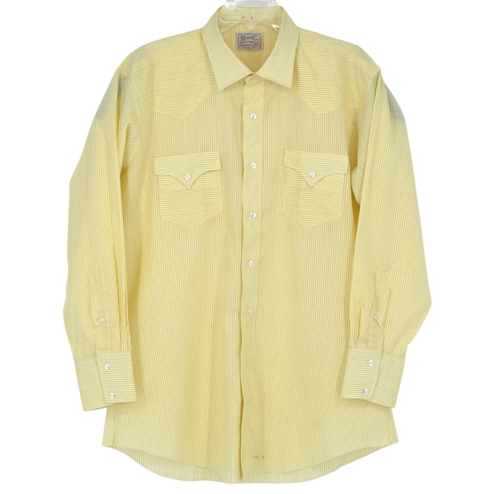 H Bar C Ranchwear Men XL Yellow Striped Western Long Tail 70s Button Down Shirt